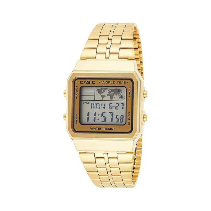 Casio Men's Black Dial Gold Tone Stainless Steel Band Alarm Chronograph World Time Digital Quartz Watch - A500WGA-9DF