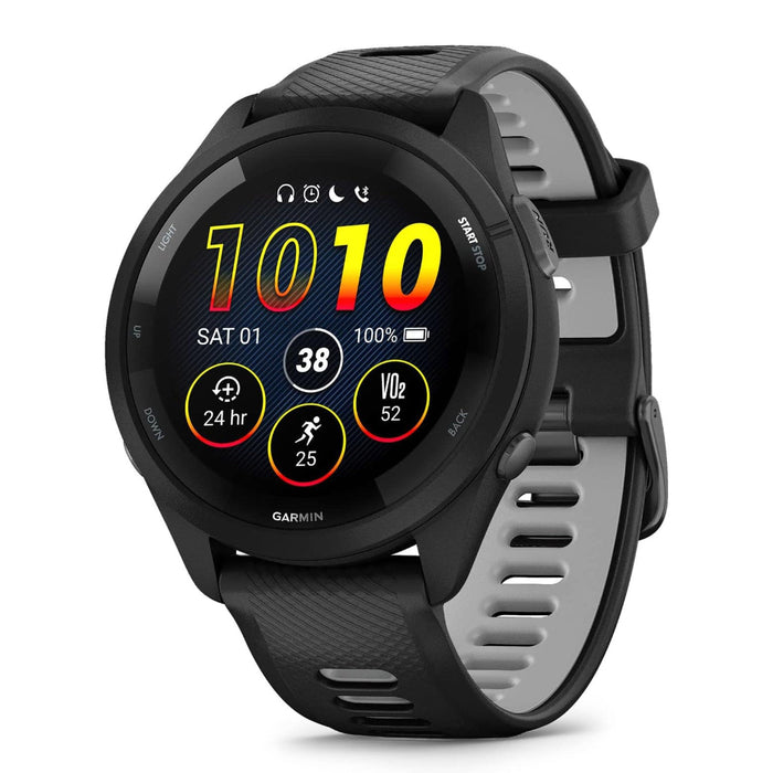 Garmin Forerunner 265 Black and Powder Gray Silicone Band AMOLED Display Training Metrics and Recovery Insights Running Smartwatch - 010-02810-00