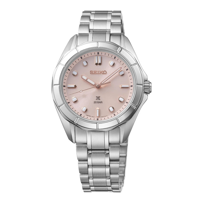 Seiko Women's Pink Dial Silver Stainless Steel Band Analog Quartz Watch - SUR597