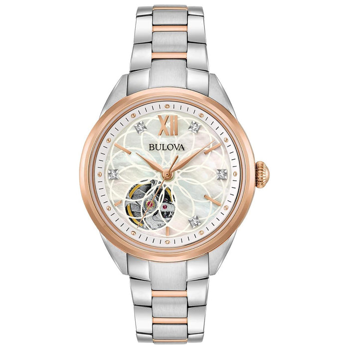 Bulova Women's White Dial Two Tone Stainless Steel Band Analog Japanese Automatic Watch - 98P170