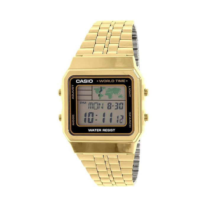 Casio Men's Gray Dial Gold Tone Stainless Steel Band Alarm Chronograph World Time Digital Quartz Watch - A500WGA-1DF