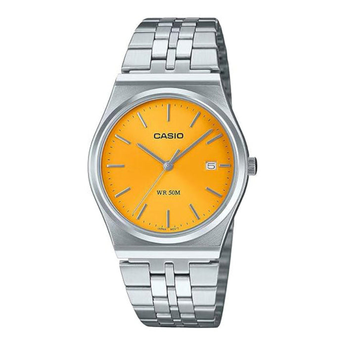 Casio Men's Yellow Dial Silver Stainless Steel Band 3-Hand Analog Japanese Quartz Watch - MTP-B145D-9AVDF