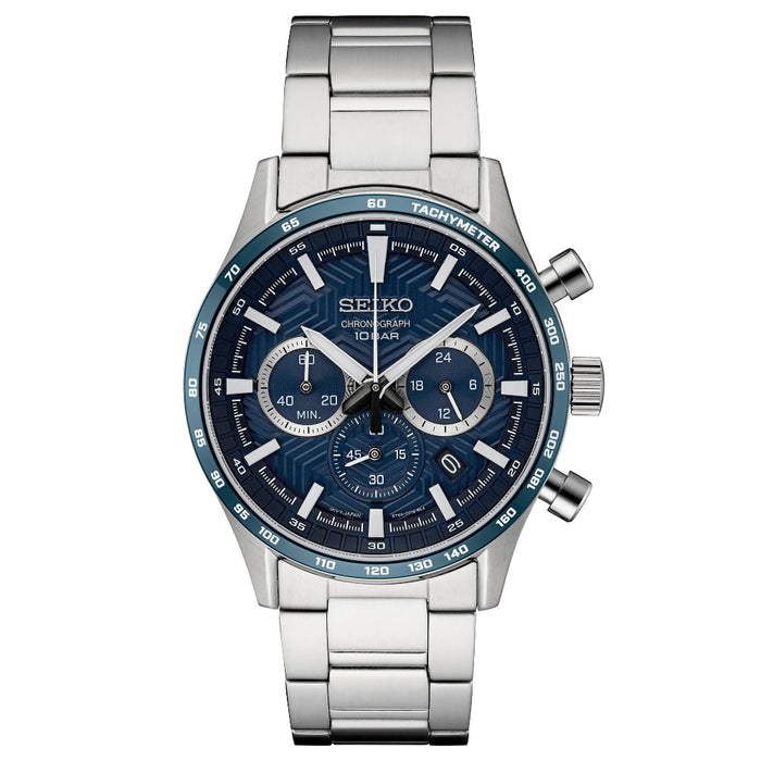 Seiko Essentials Collection Men's Blue Dial Silver Stainless Steel Strap Chronograph Watch - SSB445