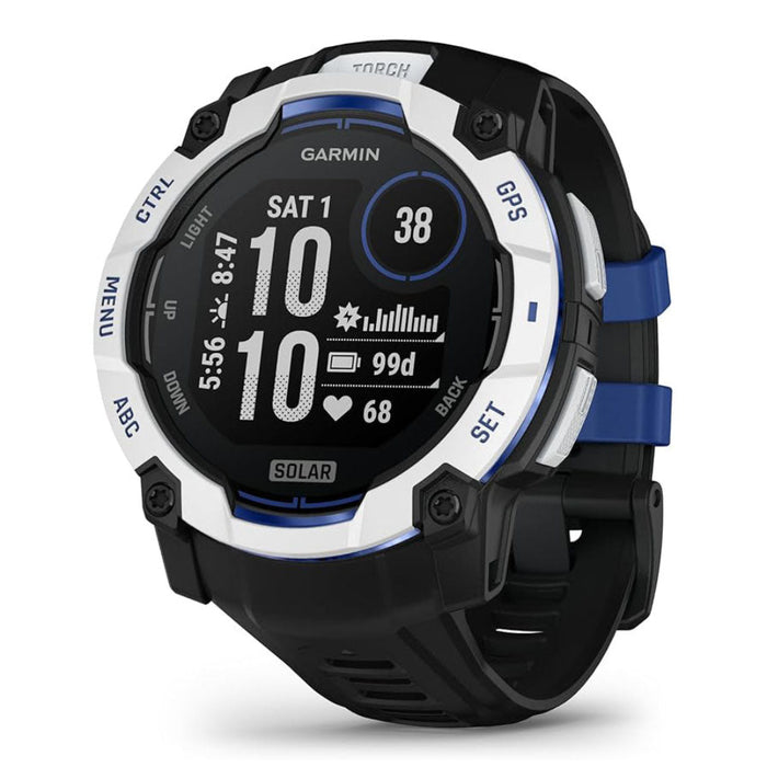 Garmin Instinct® 3 – 50 mm Unisex Whitestone With Black/Bolt Blue Silicone Band Built-in Flashlight Supernova Collection Limited Edition Color Solar Rugged Outdoor GPS Smartwatch - 010-02935-03