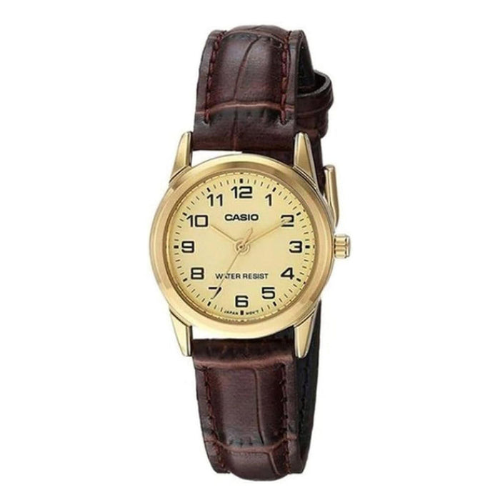 Casio Women's Gold Dial Brown Leather Band Analog Quartz Watch - LTP-V001GL-9BUDF