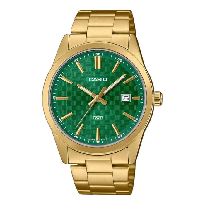 Casio Men's Green Dial Gold Stainless Steel Band Analog Japanese Quartz Watch - MTP-VD03G-3AUDF