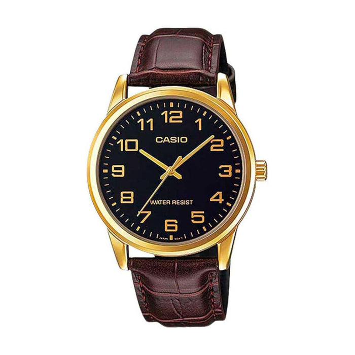 Casio Men's Black Dial Brown Leather Band Analog Japanese Quartz Watch - MTP-V001GL-1BUDF-M