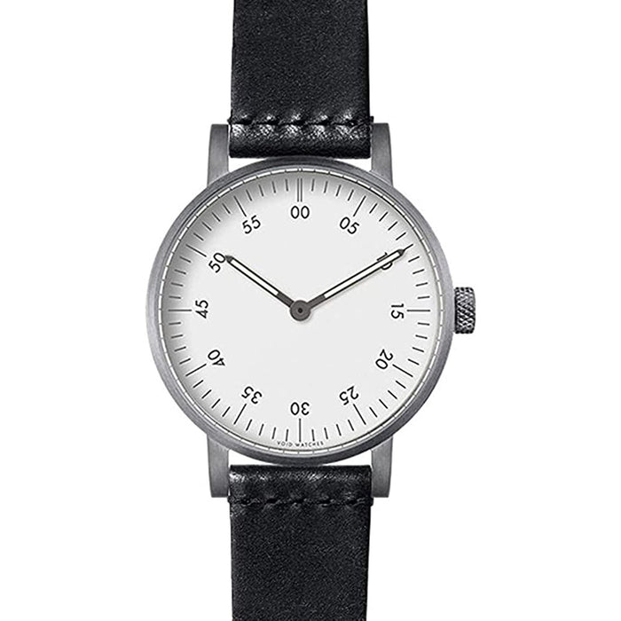 Void Stainless Steel Black Leather Strap Analog White Dial Silver Watch - BR-WHITE