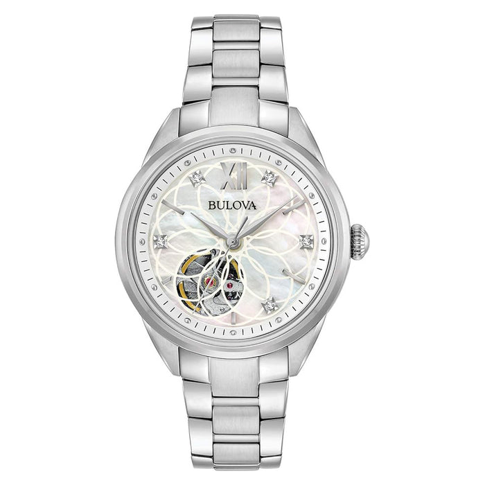 Bulova Ladies White Dial Silver Stainless Steel Band Analog Japanese Automatic Watch - 96P181