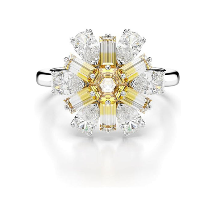 Swarovski Women's Flower Motif with Yellow and Clear Mixed-Cut Crystals in a Rhodium-Finished Setting Ring Size 7-9 Idyllia Cocktail Ring - 5689088