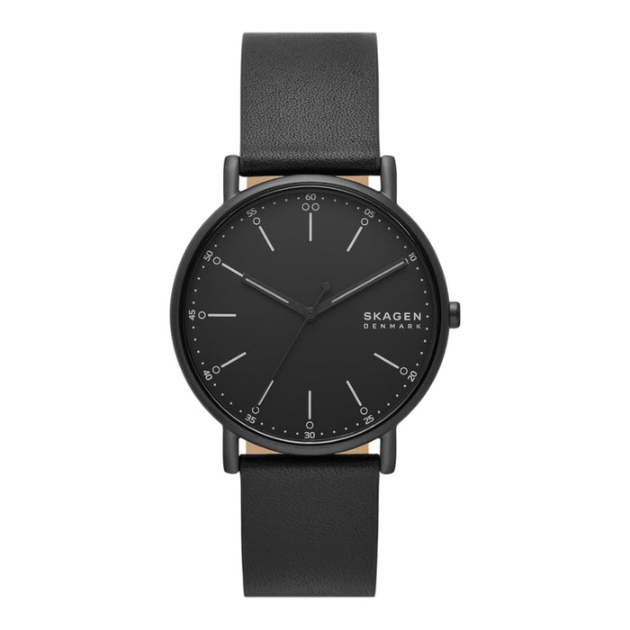 Skagen Signatur Men's Black Dial Black Leather Band Analog Quartz Three-Hand Sub-Second Watch - SKW6902
