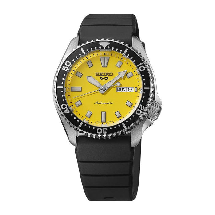 Seiko 5 Sports Men's Yellow Dial Black Silicone Band Analog Automatic Watch - SRPL87