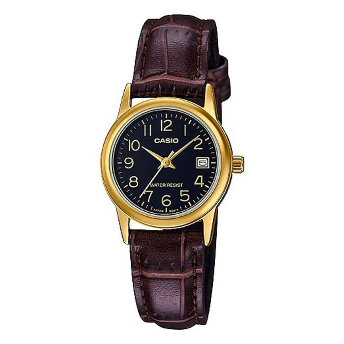 Casio Women's Black Dial Brown Leather Band Analog Quartz Watch - LTP-V002GL-1BUDF-M