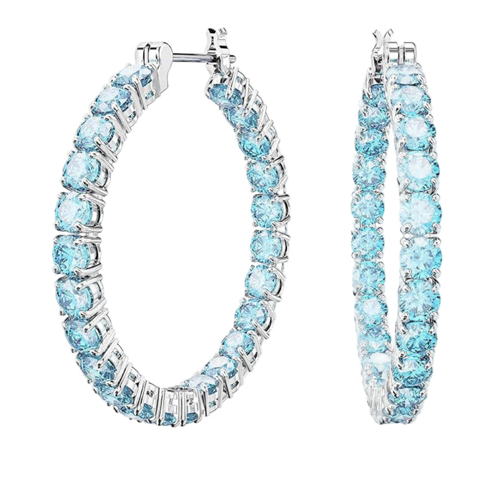 Swarovski Women's Round Cool Blue Crystals on Rhodium Finished Settings Matrix Hoop Earrings - 5647446