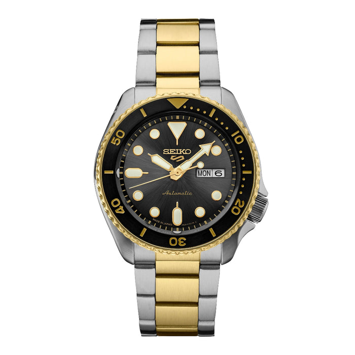Seiko Men's Black Dial Gray Gold Two Tone Stainless Steel Band Mechanical Watch - SRPK22