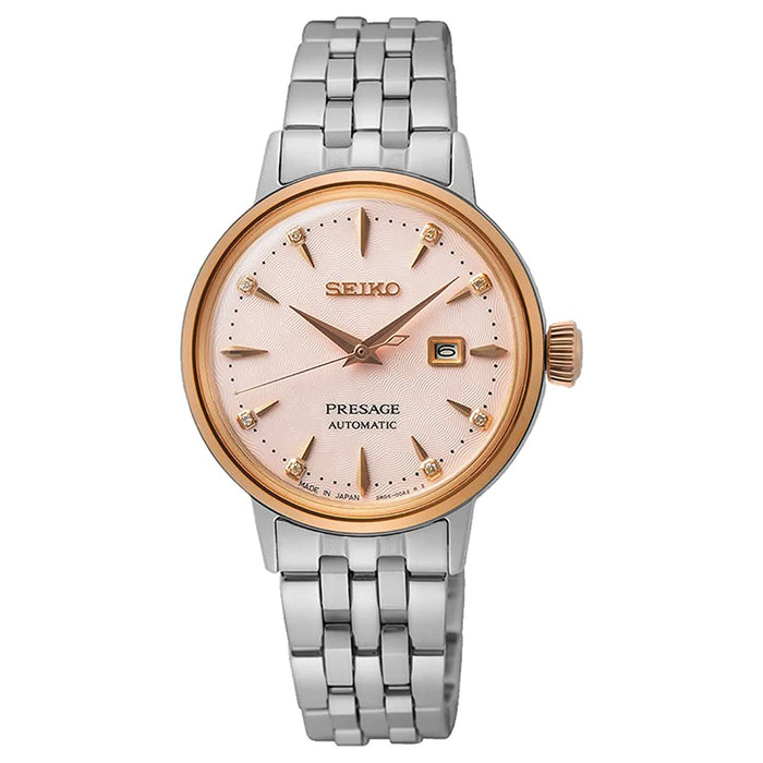 SEIKO Women's Light Rose Dial Silver Stainless Steel Band with Eight Diamond Maker Presage Automatic Quartz Watch - SRE012