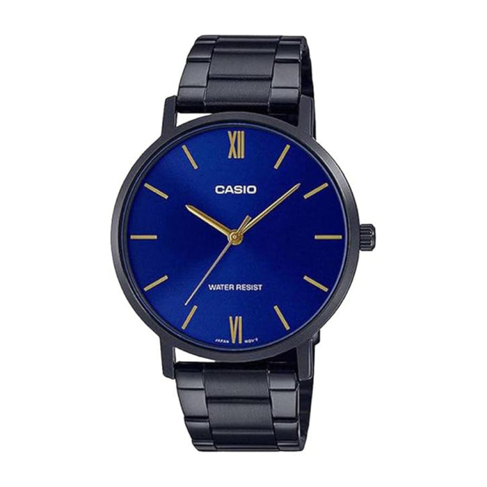Casio Men's Blue Dial Black IP Stainless Steel Band Analog Japan Quartz Watch - MTP-VT01B-2BUDF