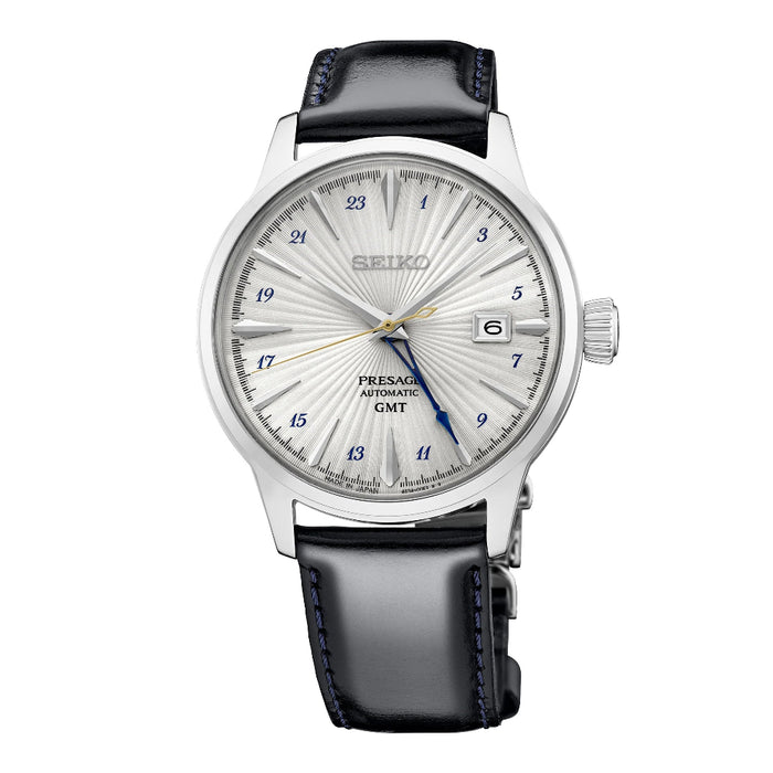 Seiko Men's Silver Dial Dark Blue Leather Band Analog Automatic GMT Watch - SSK049