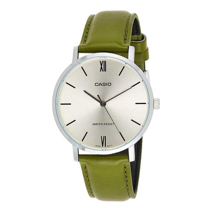 Casio Men's Silver Dial Green Leather Band Analog Japanese Quartz Watch - MTP-VT01L-3BUDF