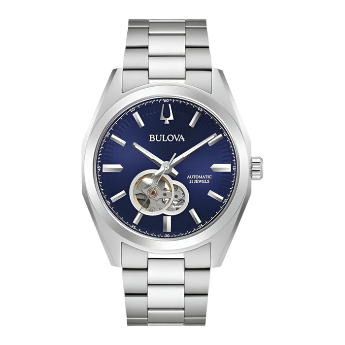 Bulova Men's Blue Dial Silver Stainless Steel Band Analog Automatic Watch - 96A275