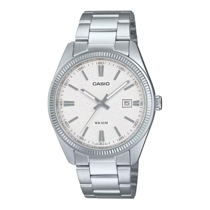 Casio Men's Matte White Dial Silver Stainless Steel Band Analog Japanese Quartz Watch - MTP-1302DA-7AVDF