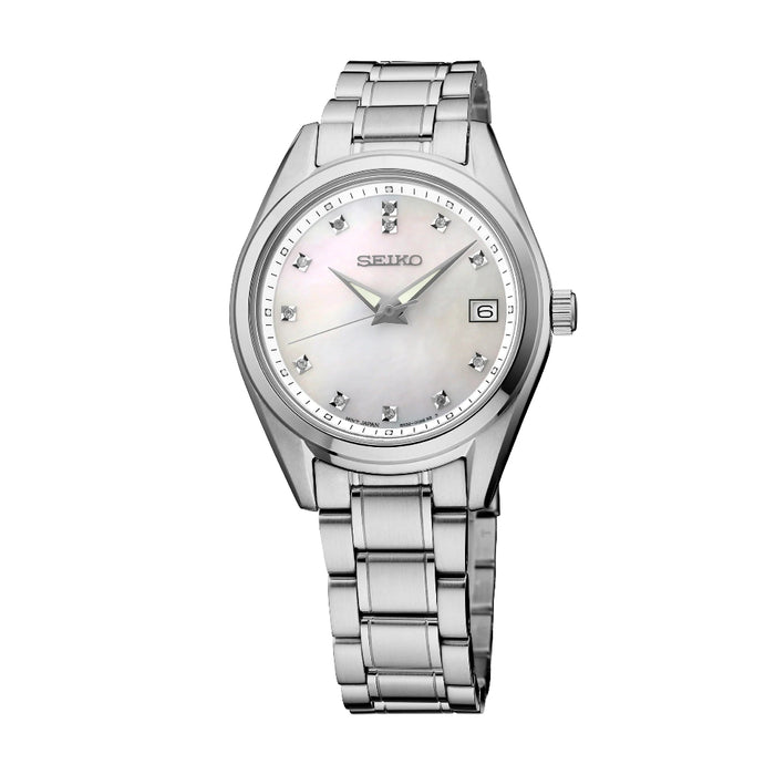 Seiko Women's Mother of Pearl Dial Silver Stainless Steel Band Analog Quartz Watch - SUR579