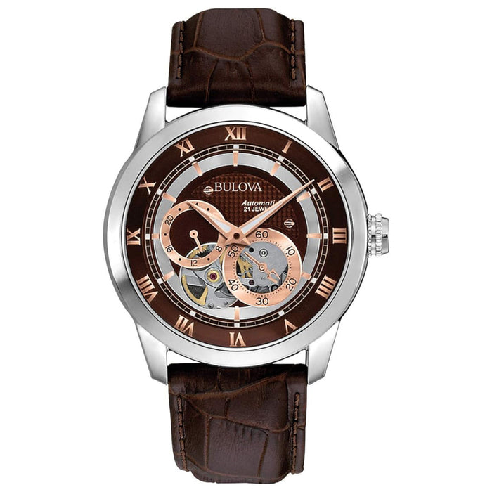 Bulova Men's Brown Dial Brown Leather Band Analog Japanese Automatic Watch - 96A120-A