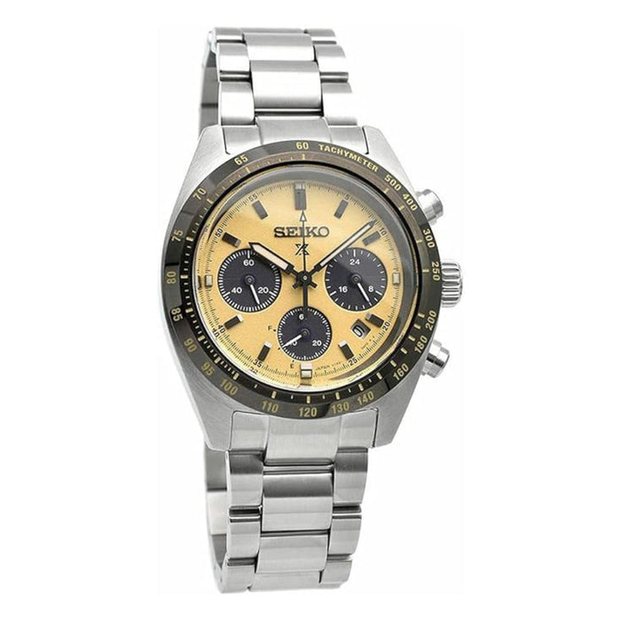 Seiko Men's Gold Dial Silver Stainless Steel Band Analog Speedtimer Solar Chronograph Watch - SSC817