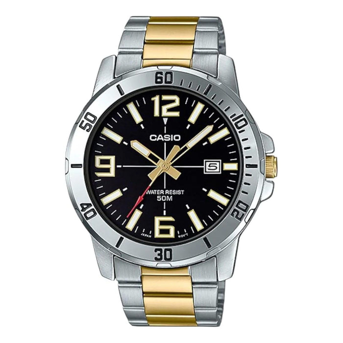 Casio Men's Black Dial Gold And Silver Stainless Steel Band Analog Japanese Quartz Watch - MTP-VD01SG-1BVUDF