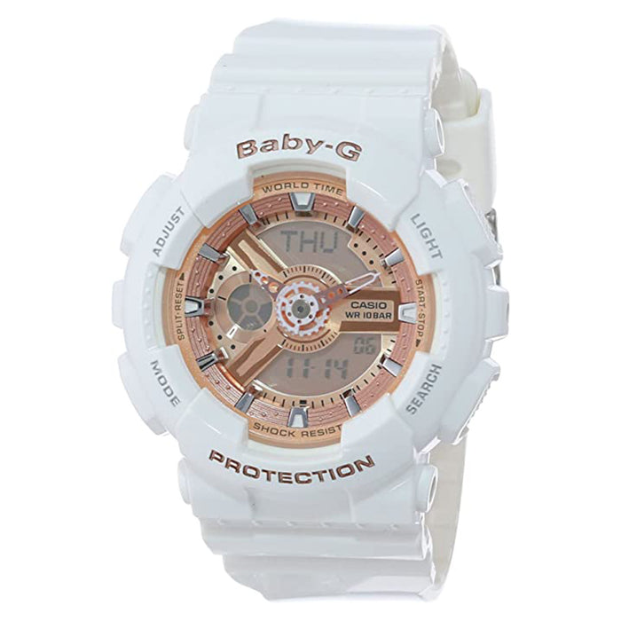 Casio Women's Rose Gold Dial White Resin Band Baby-G Shock Analog and Digital Japanese Quartz Watch - BA-110-7A1CR
