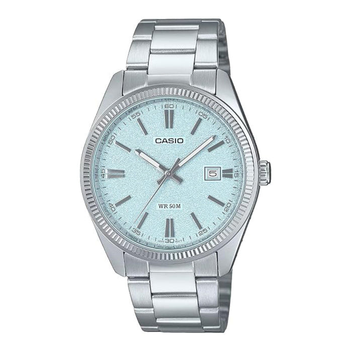 Casio Men's Light Blue Dial Silver Stainless Steel Band Analog Japanese Quartz Watch - MTP-1302DA-2A2VDF