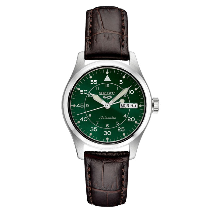 Seiko Men's Green Dial Dark Brown Leather Band Mechanical Watch - SRPJ89