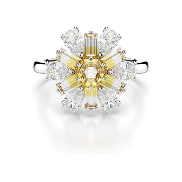Swarovski Women's Flower Motif With Yellow And Clear Mixed-Cut Crystals In A Rhodium-Finished Setting Ring Size 5-7 Idyllia Cocktail Ring - 5689087