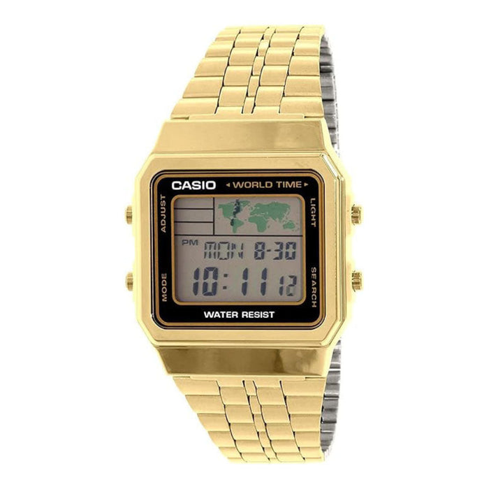 Casio Men's Gray Dial Gold Tone Stainless Steel Band Alarm Chronograph World Time Digital Quartz Watch - A500WGA-1DF-M
