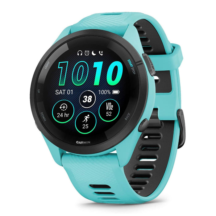 Garmin Forerunner 265 Aqua and Black Silicone Band Colorful AMOLED Display Training Metrics and Recovery Insights Running Smartwatch - 010-02810-02