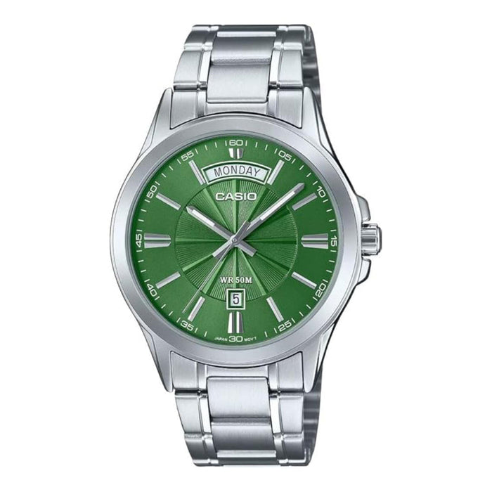 Casio Men's Green Dial Silver Stainless Steel Band Analog Japanese Quartz Watch - MTP-1381D-3AVDF