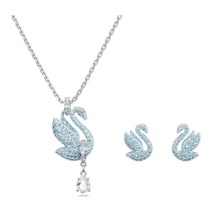 Swarovski Part of the Swan Collection Women's Rhodium Finished Swan Motif with Blue Pavé and Clear Stones Swan Earring and Necklace Set - 5660597