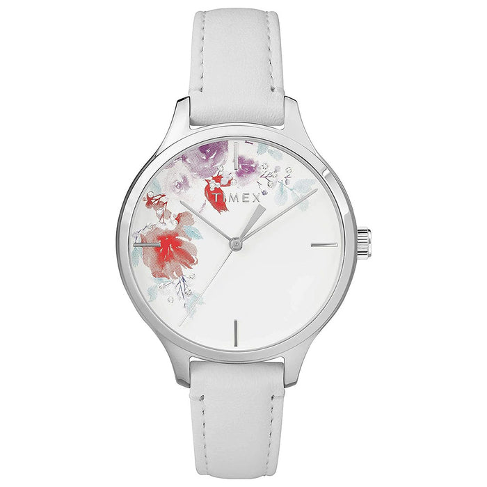Timex Women's White Floral Dial White Leather Band Quartz Watch - TW2R66800