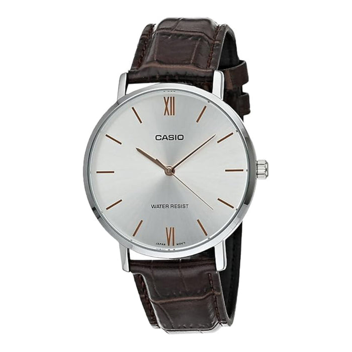 Casio Men's Silver Dial Brown Leather Band Analog Japanese Quartz Watch - MTP-VT01L-7B2UDF