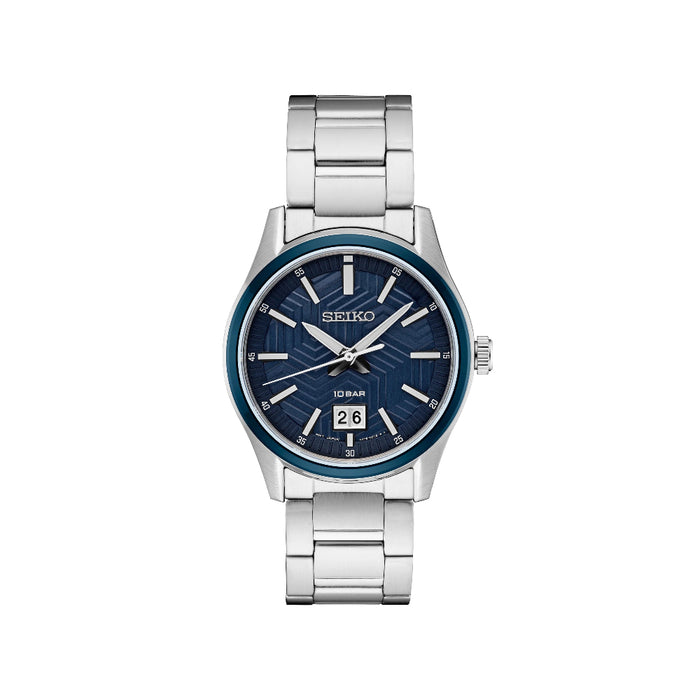 Seiko Essentials Collection Men's Blue Dial Silver Stainless Steel Strap Quartz Watch - SUR559