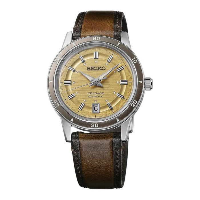 Seiko Presage Men's Champagne Gold Dial Brown Leather Band Analog Automatic Watch - SRPL75