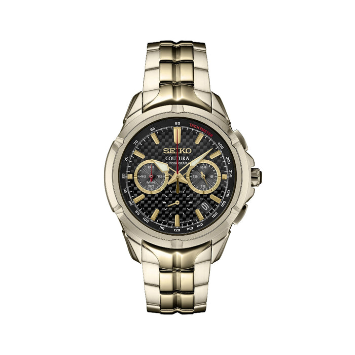 Seiko Coutura Men's Black Dial Light Gold Stainless Steel Band Analog Chronograph Quartz Watch - SSB438