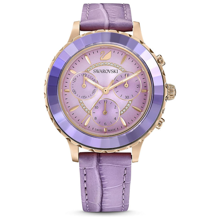 SWAROVSKI Women's Purple Dial Leather Band Octea Lux Chrono Analog Chronograph Swiss Quartz Watch - 5632263