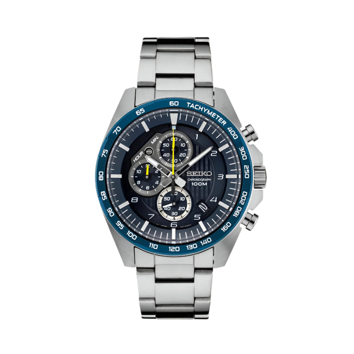 Seiko Men's Essentials Stainless Steel Bracelet Black Blue Dial Chronograph Quartz Watch - SSB321
