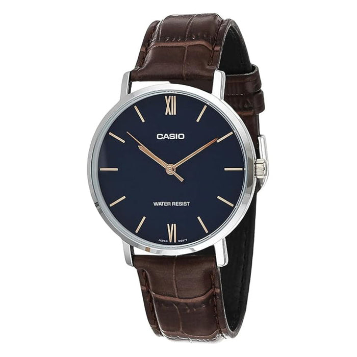 Casio Men's Blue Dial Brown Leather Band Analog Japanese Quartz Watch - MTP-VT01L-2BUDF