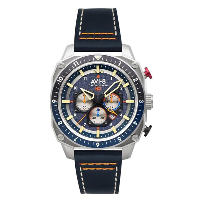 AVI-8 Unisex Blue Dial Leather Band Analog Hawker Hunter Atlas Dual Time Chronograph Quartz Watch - AV-4100-02