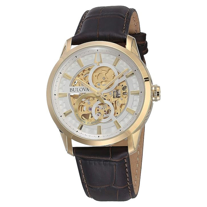Bulova Men's Skeleton Dial Brown Leather Band Analog Automatic Watch - 98A138