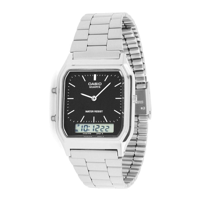 Casio Men's Black Dial Silver Stainless Steel Band Analog-Digital Quartz Watch - AQ-230A-1DMQ-M