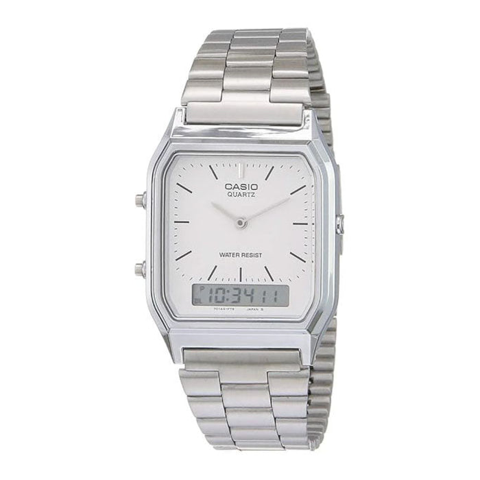 Casio Men's White Dial Silver Stainless Steel Band Digital Quartz Watch - AQ-230A-7DMQ-M