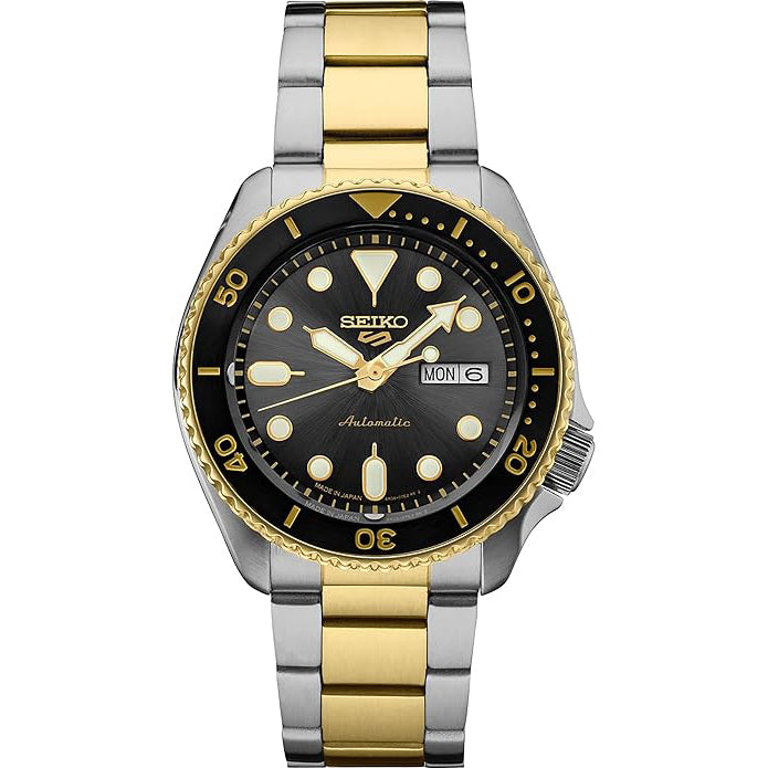 Seiko Men's Black Dial Gray Gold Two Tone Stainless Steel Band Mechanical Watch - SRPK22